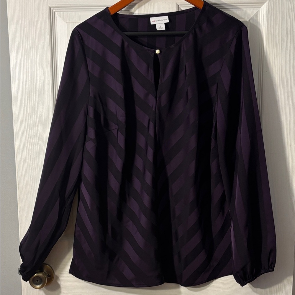 Liz Claiborne Black and Purple Striped Satin-look Blouse